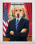 Personalized pet poster featuring a golden retriever in a suit, standing in front of an American flag and red curtains.