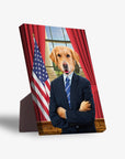 Personalized pet standing canvas featuring a golden retriever in a suit, with an American flag and red curtains.