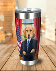 Personalized stainless steel tumbler with a golden retriever pet portrait in a suit, standing before an American flag.
