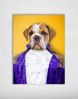 Personalized 'Prince-Doggo' pet poster featuring a bulldog in a purple jacket and ruffled shirt on a yellow background.