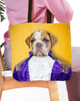 Personalized 'Prince-Doggo' tote bag with a custom bulldog pet portrait in a royal purple renaissance outfit.