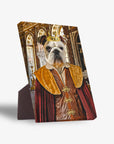 Personalized pet standing canvas featuring a bulldog in a golden crown and regal brown and red outfit.
