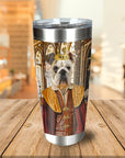 Personalized stainless steel tumbler with a royal renaissance portrait of a bulldog wearing a crown.