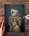Personalized pet puzzle featuring a white dog in a royal renaissance princess portrait.
