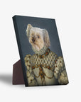 Custom pet portrait canvas featuring a white dog dressed as a princess, with a sturdy stand.