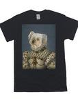 Black Gildan t-shirt with a custom portrait of a white dog in a regal, ornate princess gown.
