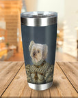 Personalized stainless steel tumbler with a custom royal renaissance portrait of a white dog.