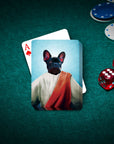 Custom 'The Prophet' playing cards featuring a personalized French Bulldog pet portrait on a green poker table.