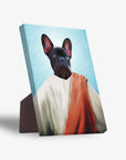 Personalized pet standing canvas featuring a French Bulldog in a white robe with an orange sash, against a blue sky.