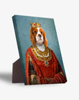 Personalized pet standing canvas featuring a Cavalier King Charles Spaniel in a red queen's gown and gold crown.