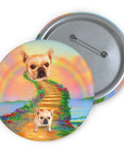 Custom pet memorial pin with a French Bulldog on a rainbow bridge path.