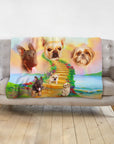Personalized Rainbow Bridge 3 Pet blanket with watercolor portraits of three dogs on a couch.