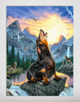 Personalized 'Retro Wolf' pet poster featuring a Rottweiler howling at sunset in a mountain landscape.