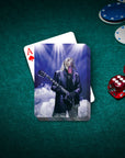 Personalized pet playing cards featuring a dog rocker portrait on a green felt table with poker chips and dice.