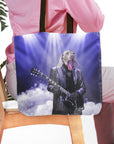 Personalized "The Rocker" tote bag with a custom dog portrait playing guitar on stage.