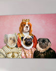 Four pets in royal Renaissance attire on a pink canvas, featuring a crowned Cavalier King Charles Spaniel.