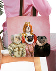 Personalized Royal Ladies 4-pet portrait tote bag featuring a Cavalier King Charles, Maltese, and two Pugs.