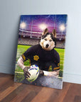 Personalized pet canvas featuring a husky in a black rugby uniform holding a ball on a green field.