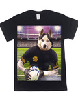 Black Gildan t-shirt with a husky in a rugby uniform holding a ball on a field.