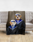 Personalized 2-pet blanket with a Doggovinci sailor portrait of a bulldog and a labrador.