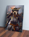 Personalized pet canvas featuring a French Bulldog in full purple samurai armor with a gold helmet.