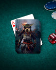 Personalized playing card featuring a French Bulldog pet portrait in Samurai armor on a green felt table.