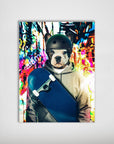 Personalized pet poster featuring a French Bulldog in a helmet and hoodie, holding a blue skateboard, against a vibrant, colorful background.