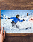 Personalized pet puzzle featuring a dog's face on a skier, with hands assembling pieces.