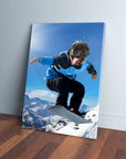 Personalized 'The Snowboarder' pet canvas featuring a pug's head on a snowboarder in blue gear.