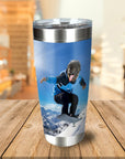 Personalized stainless steel tumbler with a custom portrait of a pug snowboarding on a mountain.