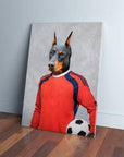 Personalized Doberman pet canvas as a soccer goalie in a red jersey, holding a black and white ball.