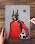 Personalized pet puzzle featuring a Doberman's head on a soccer goalie's body, holding a ball.