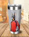 Personalized stainless steel tumbler with a Doberman dog portrait in a soccer goalie uniform holding a ball.