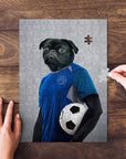 Personalized pet puzzle featuring a black pug in a blue soccer uniform holding a ball, with hands assembling it.