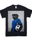 Black Gildan t-shirt featuring a personalized graphic of a pug in a blue soccer jersey holding a soccer ball.