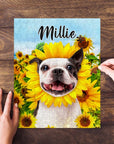 Personalized pet puzzle featuring a Boston Terrier in a sunflower field, named Millie.