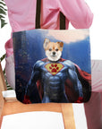 Personalized "Super Dog" pet portrait tote bag with a dog in a superhero costume against a city skyline.