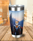 Personalized stainless steel tumbler with a custom superhero dog portrait and city background.