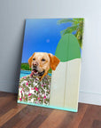 Custom pet canvas featuring a golden retriever in a floral shirt on a tropical beach with a surfboard.