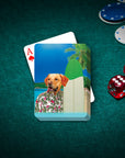 Personalized 'Surfer' playing cards featuring a custom dog portrait in a Hawaiian shirt with a surfboard.