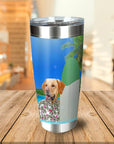 Personalized stainless steel tumbler with a golden retriever dog in a Hawaiian shirt, surfing.