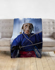 Personalized pet blanket with a chocolate lab dog portrait as a samurai warrior in a blue kimono.