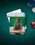 Custom personalized playing cards featuring a dog pet portrait as a teacher, on a green felt table with poker chips and dice.