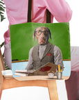 Personalized green tote bag with a custom pet portrait of a dog dressed as a teacher.