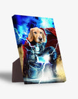 Personalized 'Thorpaw' standing canvas featuring a golden retriever's head on a Thor-like body with lightning.