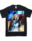 Black Gildan t-shirt featuring a golden retriever as Thor, holding a hammer with lightning.