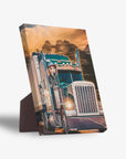 Personalized pet standing canvas featuring a golden retriever in a blue semi-truck, with mountains in the background.