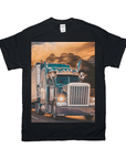 Black Gildan t-shirt featuring two personalized pets (dogs) driving a semi-truck on a highway.