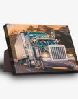 Personalized 3-pet canvas featuring dogs in a semi-truck, with a sturdy stand for display.
