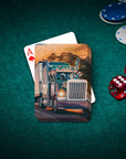 Custom personalized playing cards featuring four dogs in a semi-truck, with poker chips and dice on a green felt table.